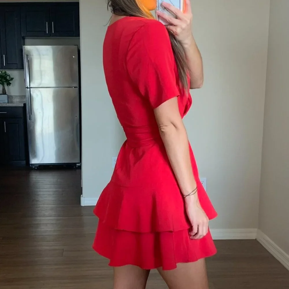 Charles Henry Red Ruffle Tiered Wrap Dress Small